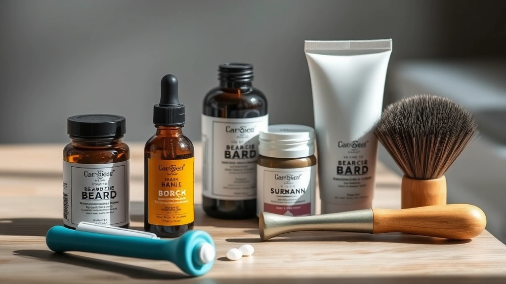 Organized beard care products displayed: serum bottle, beard oil, shampoo, supplements, derma roller, and brush arranged on wooden surface with soft natural lighting
