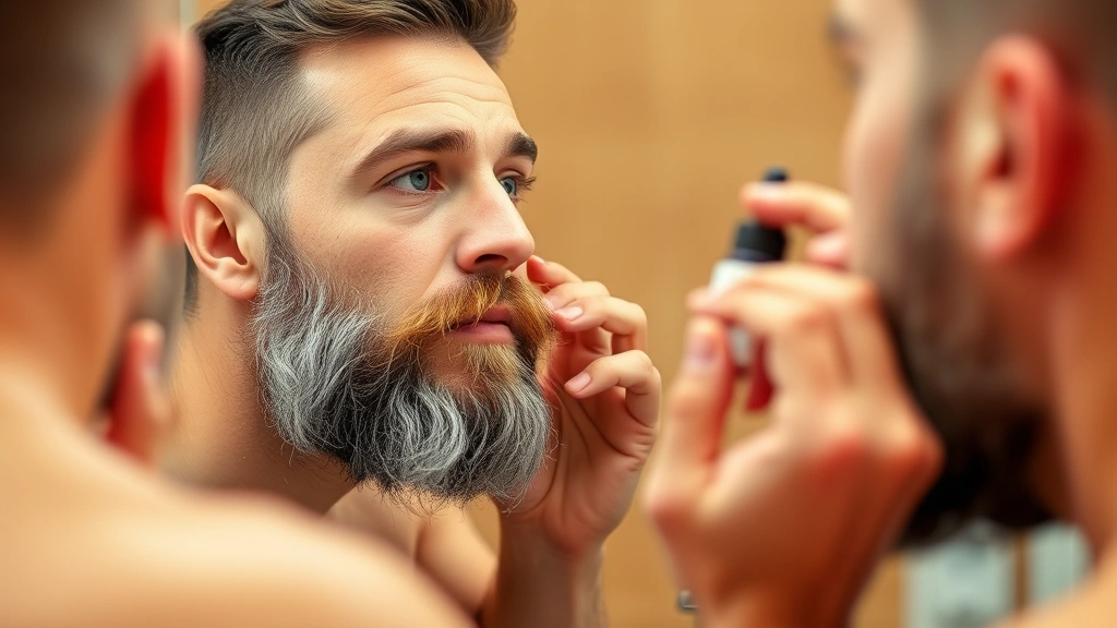 Man applying beard serum in bathroom mirror, focused expression, morning skincare routine, hands visible applying product to beard with gentle upward motions