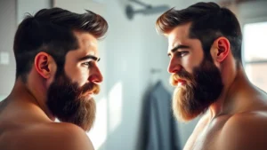 A bearded man in his 30s examining his beard in a mirror with natural morning light, showing confidence and satisfaction with visible beard thickness and health, professional bathroom setting