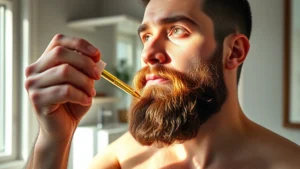 A man with a thick, well-groomed beard applying beard oil with a dropper, showing confident expression in natural morning light, bathroom setting with minimalist decor