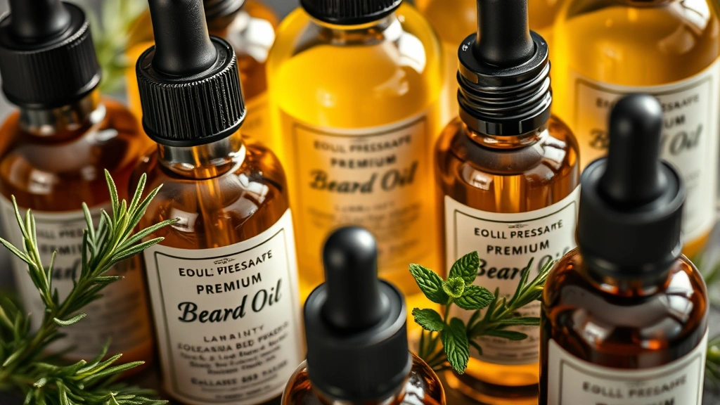 Close-up of various premium beard oil bottles with golden liquid visible, arranged artfully with fresh rosemary and peppermint sprigs, natural lighting emphasizing product quality