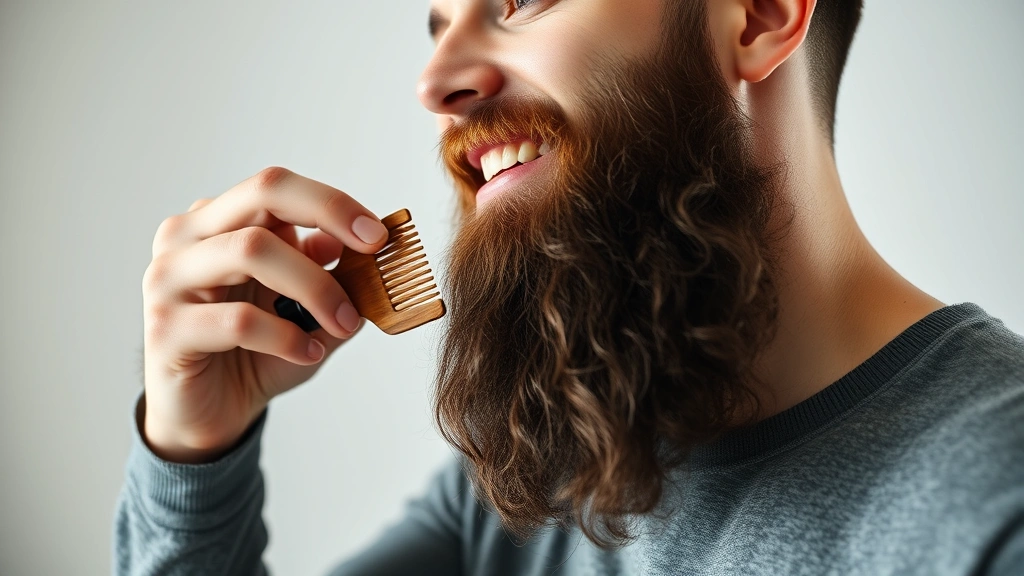 A man combing through his full beard with a wooden beard comb after applying oil, showing satisfaction and pride in his grooming routine, soft studio lighting