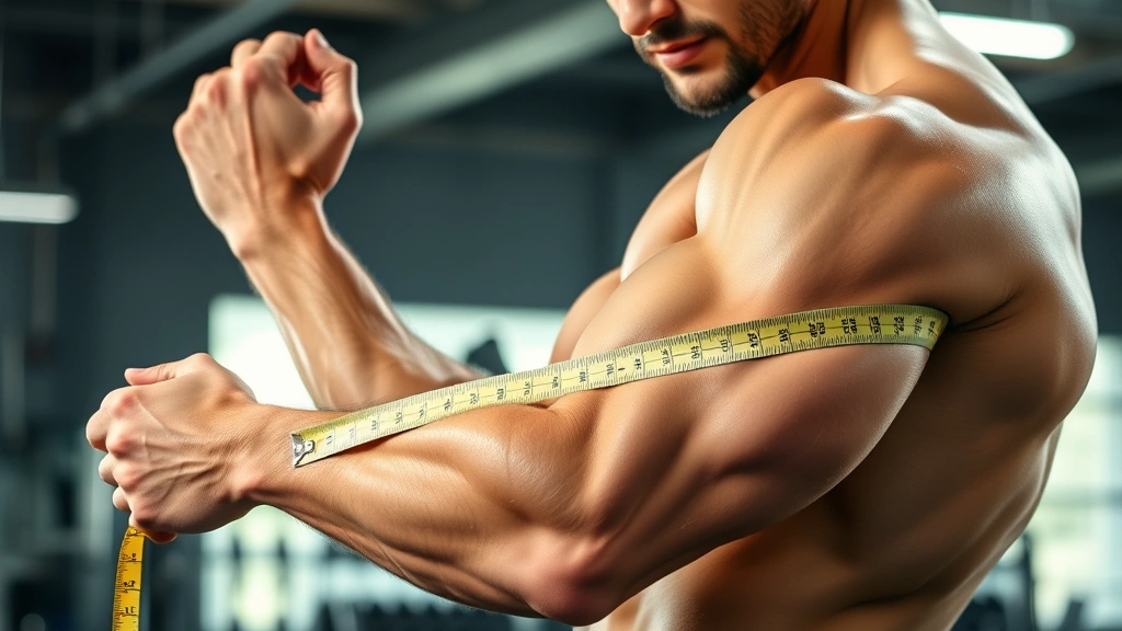 Muscular person measuring bicep with tape measure in bright gym environment, showing muscle definition and athletic physique development