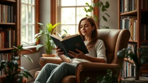 Person sitting in comfortable reading chair with natural light streaming through window, holding open book, peaceful focused expression, cozy home library setting with plants