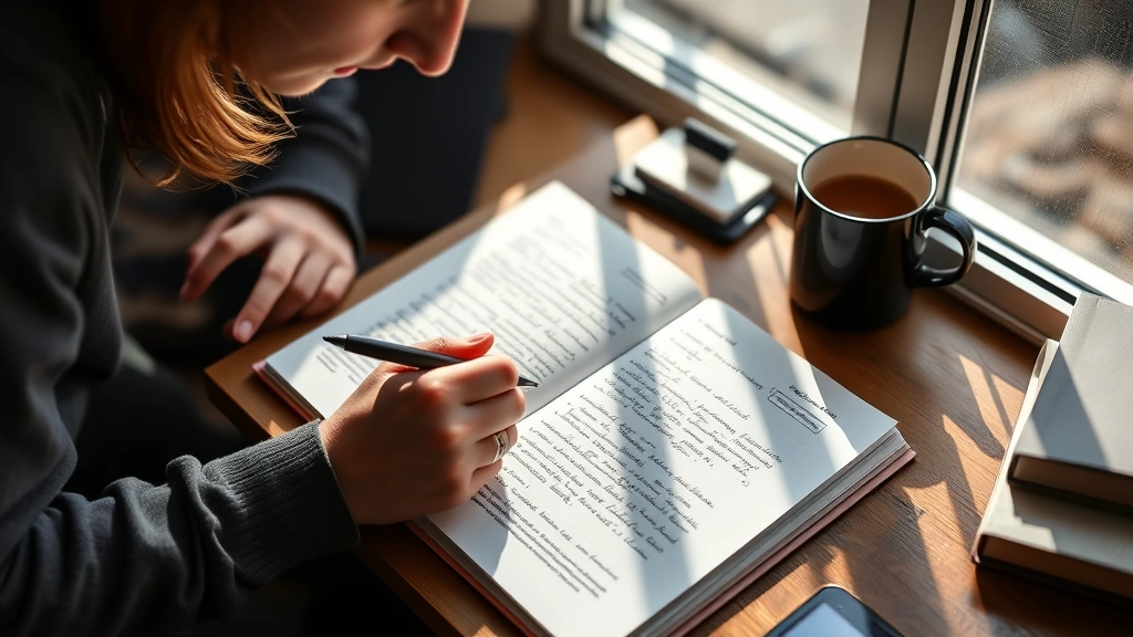 Young adult at desk taking handwritten notes from open book, coffee cup nearby, morning sunlight, notebook filled with reflections, motivated determined expression