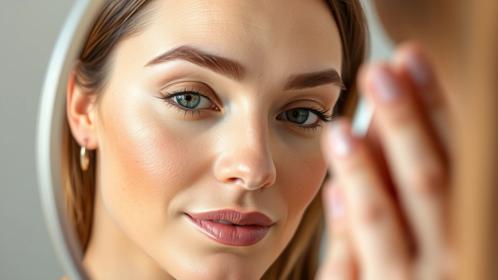 Woman looking in mirror examining fuller, healthier eyebrows with natural glow, professional lighting, close-up face shot, serene expression, clear skin