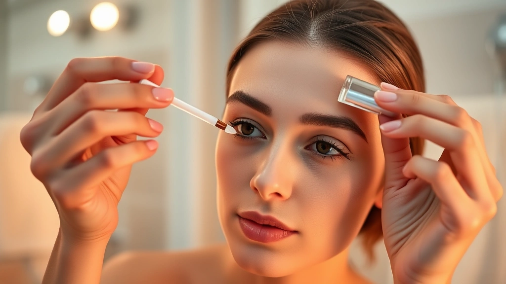 Person applying natural oil serum to eyebrows using clean applicator brush, warm lighting, focused hands, calm bathroom setting, minimalist aesthetic