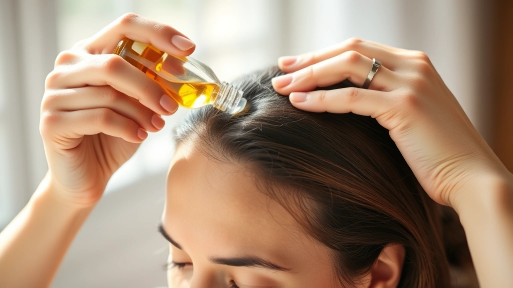 Woman applying castor oil to scalp with fingertips, focused massage technique, natural lighting, healthy scalp visible, peaceful expression showing self-care moment