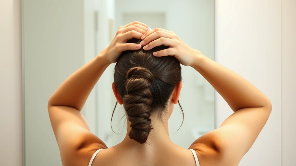 Person performing scalp massage during morning routine, standing at bathroom mirror, gentle circular motions, serene wellness atmosphere, optimal hair growth preparation