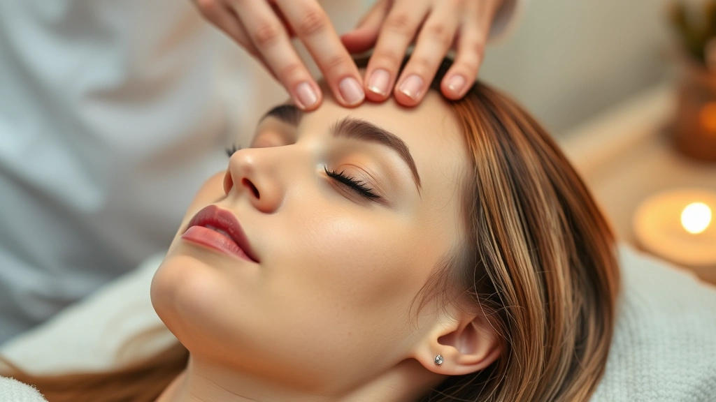 Person receiving scalp massage with fingertips, eyes closed in relaxation, warm lighting emphasizing wellness, demonstrating hair care technique, peaceful expression