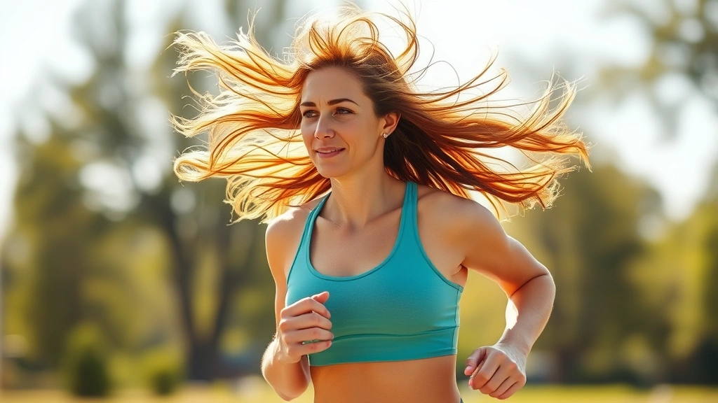 Active woman jogging outdoors in natural sunlight with flowing healthy hair, vibrant energy, clear skin glowing with health, motion suggesting vitality and wellness