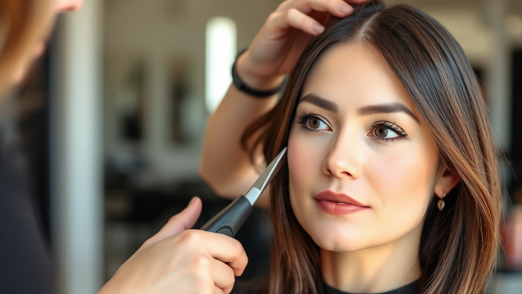 Woman receiving professional haircut at salon, stylist carefully trimming ends, natural lighting, focused expression showing care and precision, healthy shiny hair