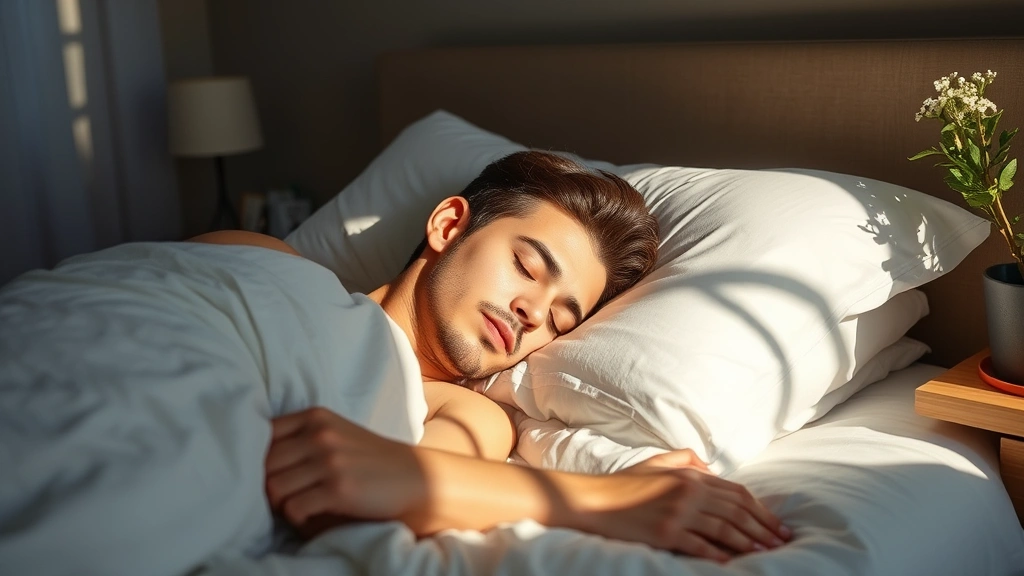 Person sleeping peacefully in bed with morning sunlight, serene bedroom environment, demonstrating rest and recovery for hair growth optimization
