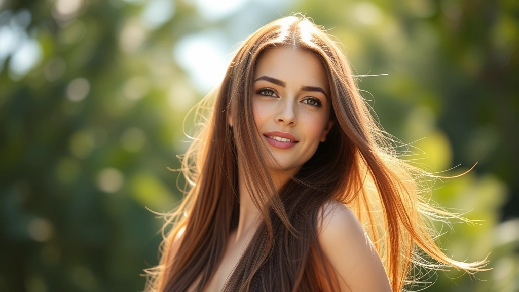 Woman with healthy long hair in natural sunlight, confident posture, vibrant and strong hair strands visible, representing results of proper hair care timing