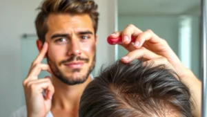 Person examining scalp in mirror with confident expression, natural lighting, close-up of healthy hair follicles and scalp texture, serene bathroom setting, professional appearance