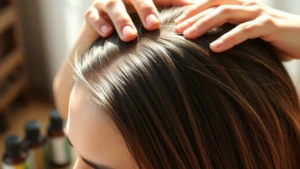 Close-up of healthy scalp with thick, shiny hair strands against natural sunlight, person massaging scalp with focused, determined expression, botanical aromatherapy setting with essential oil bottles blurred in background