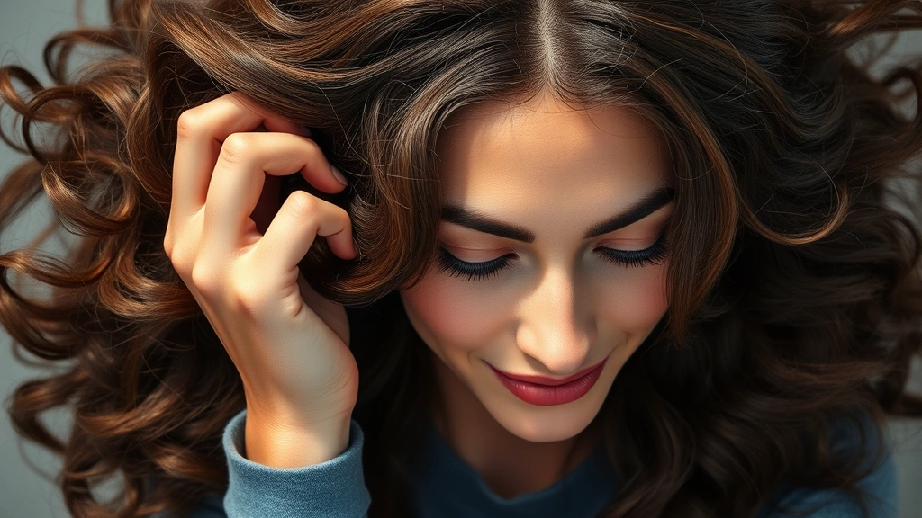 Overhead view of woman with visibly fuller hair texture, running fingers through locks with confidence and satisfaction, natural lighting highlighting hair thickness and shine, peaceful serene expression
