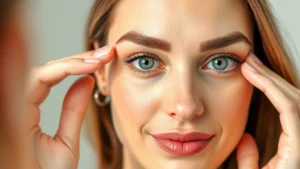 Woman examining fuller, healthy eyebrows in mirror with natural lighting, confident expression, close-up of face showing well-groomed brows with visible thickness and fullness