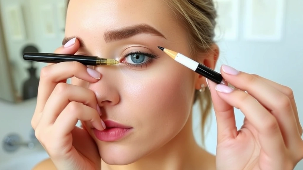 Person applying eyebrow serum with precision brush applicator, demonstrating proper technique along brow line, natural bathroom lighting, hands and face visible showing careful application