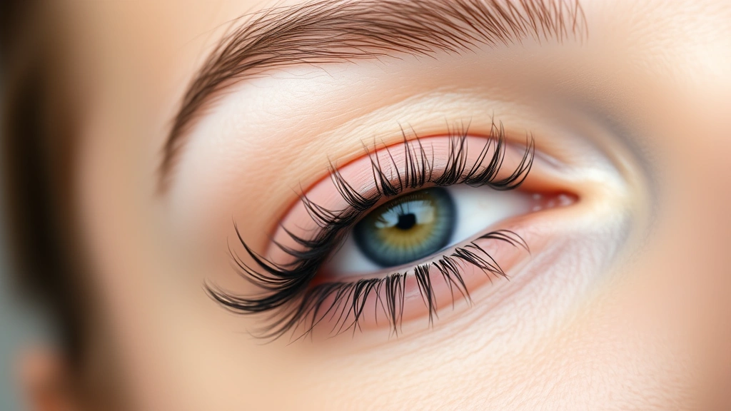 Close-up of a woman's eye with naturally thick, long, healthy eyelashes against a soft focus background, showing the delicate detail of well-nourished lash texture and volume