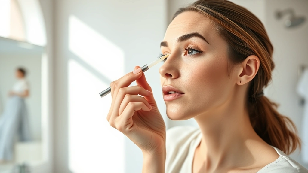 Woman applying clear serum to her upper lash line with a precision brush applicator, demonstrating proper technique in a well-lit bathroom setting with natural morning light