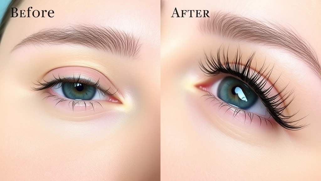 Before and after comparison showing dramatic eyelash transformation: sparse thin lashes evolving to noticeably fuller, longer, thicker lashes after treatment, close-up detail view