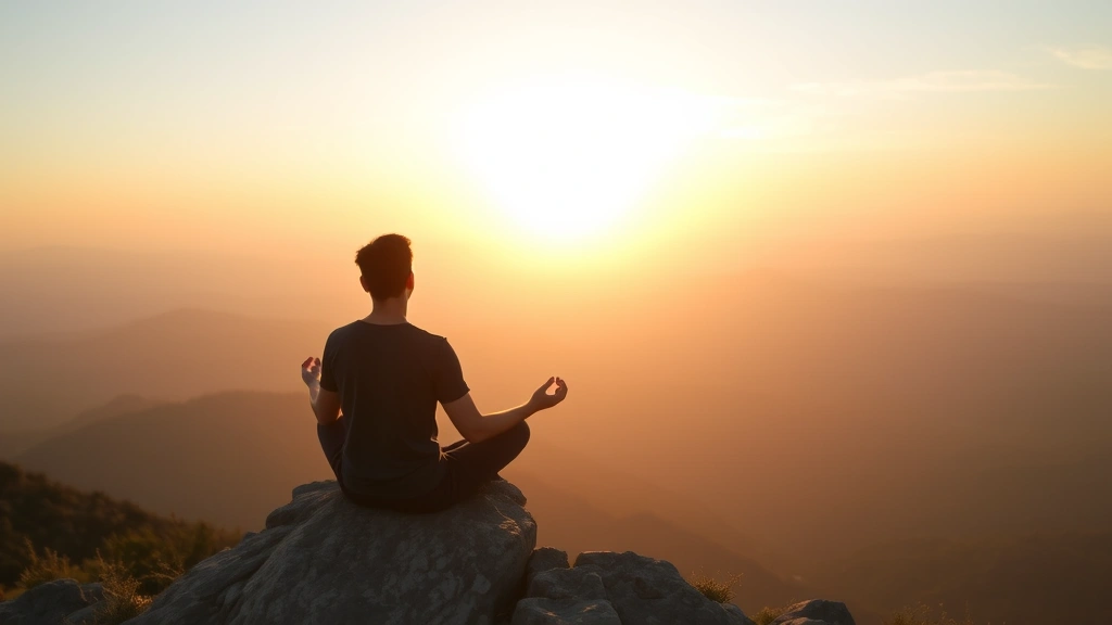 Person meditating peacefully at sunrise on mountain overlooking vast landscape, symbolizing self-discovery and inner clarity during personal transformation journey