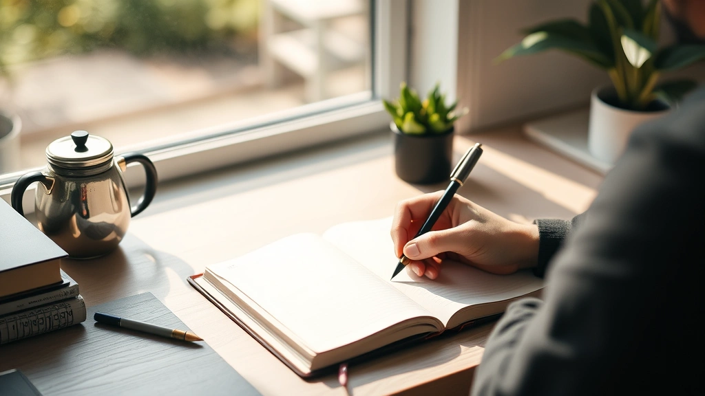 Individual writing in journal with morning coffee at desk, natural light streaming through window, representing reflection, goal-setting, and intentional growth planning