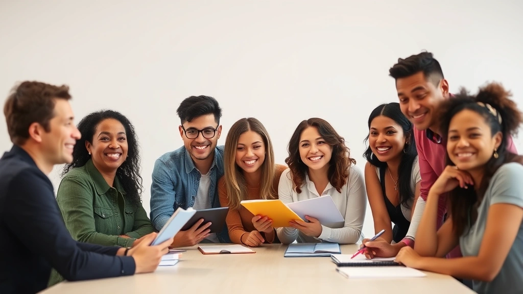 Group of diverse people collaborating enthusiastically around table with notebooks, smiling and engaged, symbolizing mastermind accountability and collective growth support