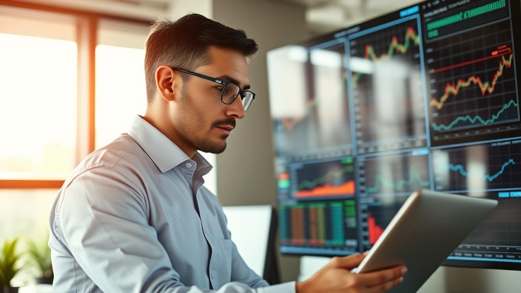Professional investor analyzing stock charts on digital displays in modern office, focused expression, morning light through windows, data visualization on screens showing growth trajectories