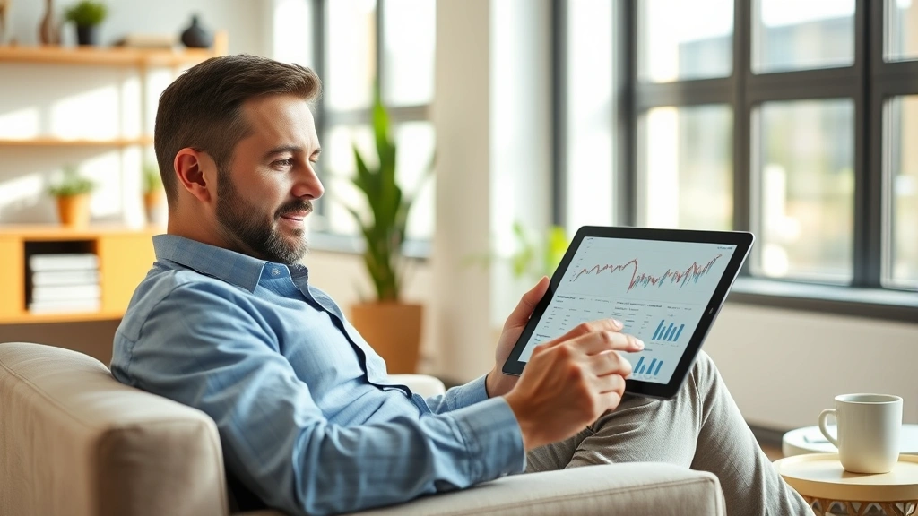 Person reviewing investment portfolio on tablet while sitting in contemporary home office, natural sunlight, coffee cup nearby, confident body language, charts and graphs visible on screen