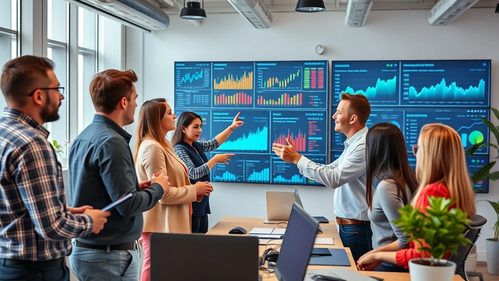 Diverse team of analysts in collaborative workspace discussing market trends, pointing at digital financial dashboards, energetic professional environment, morning briefing atmosphere, modern office setting
