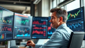 Professional investor analyzing financial charts on multiple monitors in modern office, confident expression, focused on data visualization, natural lighting, high-resolution stock market dashboard visible