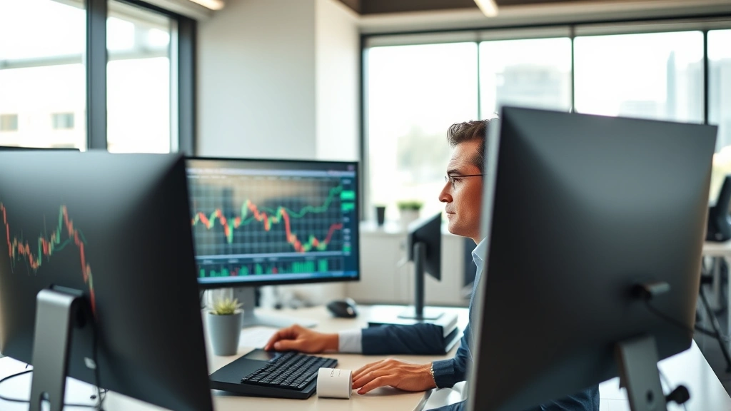 Professional investor analyzing stock charts and financial data on multiple monitors in modern office, focused expression, natural lighting, contemporary workspace
