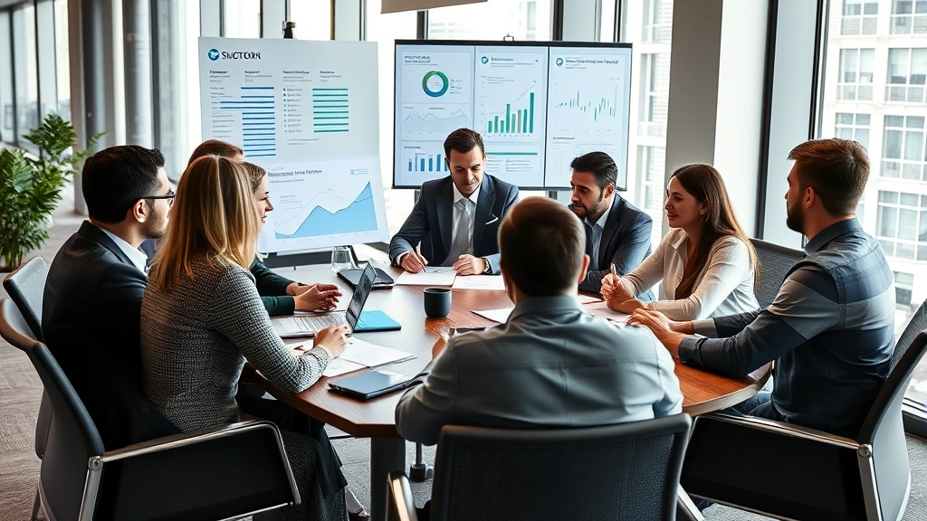 Team of professionals in business meeting discussing investment strategy around conference table with data visualizations and charts visible, collaborative atmosphere, modern corporate setting