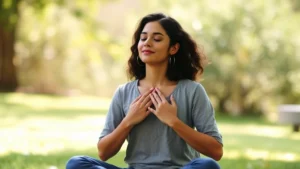 Person sitting peacefully with hands on heart, eyes closed in self-compassion meditation, natural outdoor setting with soft sunlight, serene expression of inner peace and self-acceptance