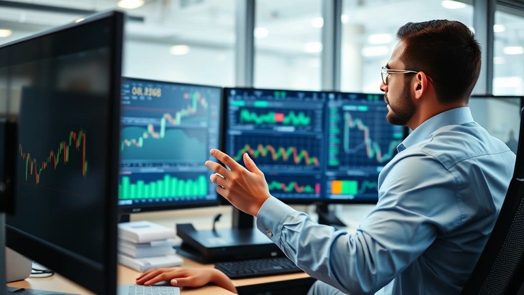 A professional investor reviewing financial charts on multiple monitors in a modern office, showing concentration and strategic analysis of market data