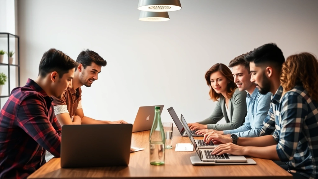 A diverse team of young professionals collaborating around a table with laptops, representing innovation and growth in a startup environment