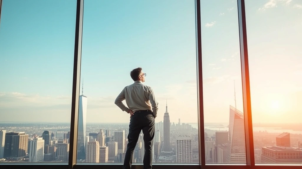 A person standing confidently before a large window overlooking a city skyline, symbolizing long-term vision and future success in wealth building