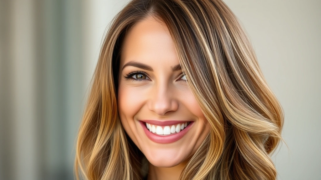 Woman with visibly thicker, fuller hair smiling confidently, natural sunlight highlighting healthy hair strands and glossy texture, no products visible, professional headshot style