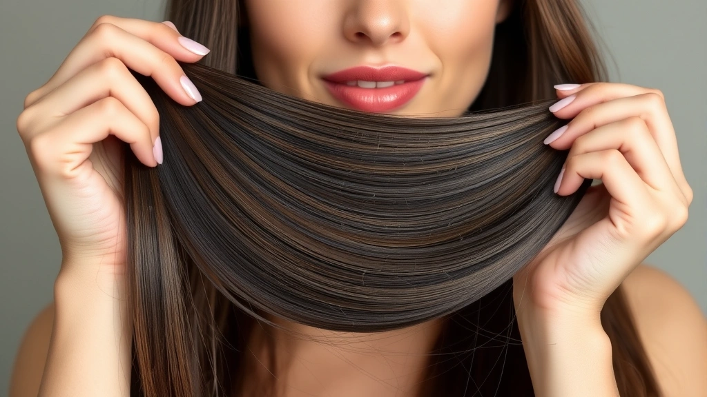 Person holding a strand of hair showing improved thickness and shine, natural light, healthy hair texture, confident expression, professional beauty photography style