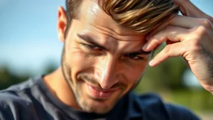 Close-up of a man confidently touching his thick, healthy hair, strong jawline visible, natural lighting, outdoor setting, demonstrating self-assurance and personal transformation through improved appearance