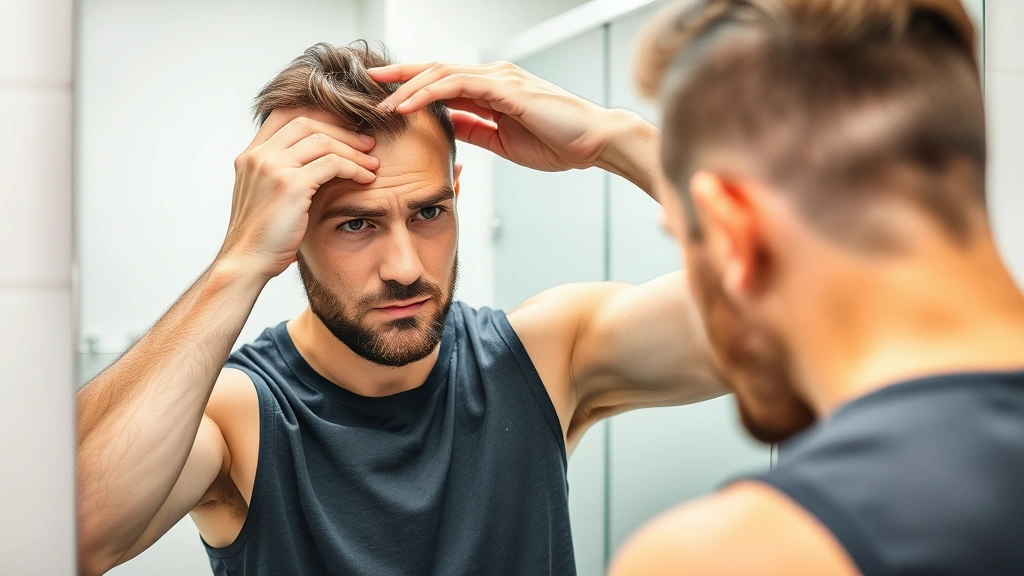 Man examining his scalp in mirror with focused determination, bathroom lighting, professional appearance, representing proactive self-improvement and personal health management journey