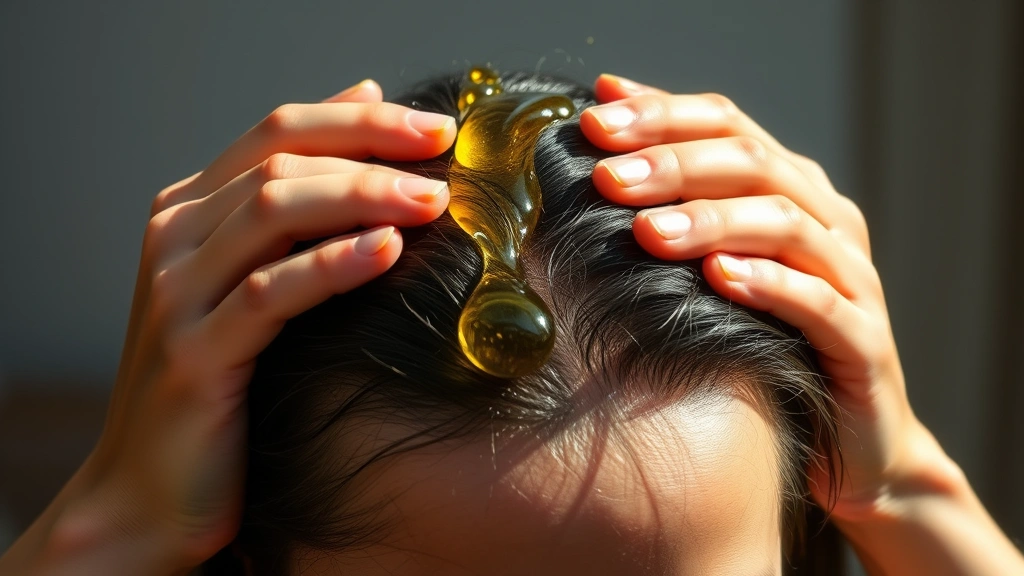 Close-up of hands massaging scalp with golden oil, healthy hair follicles visible, natural sunlight, serene expression, personal wellness moment