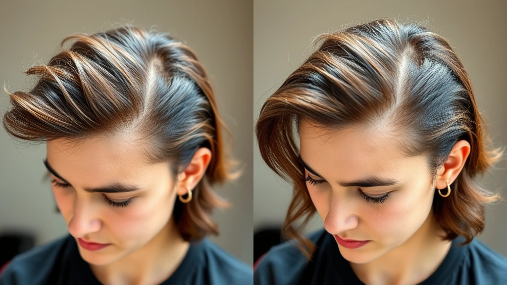 Before-and-after hair thickness comparison, person with visibly fuller, shinier hair, confident posture, natural lighting, healthy scalp condition