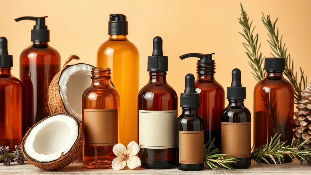 Array of amber glass bottles with natural oils (coconut, castor, argan, rosemary), arranged artfully with fresh botanicals, warm lighting, premium skincare aesthetic