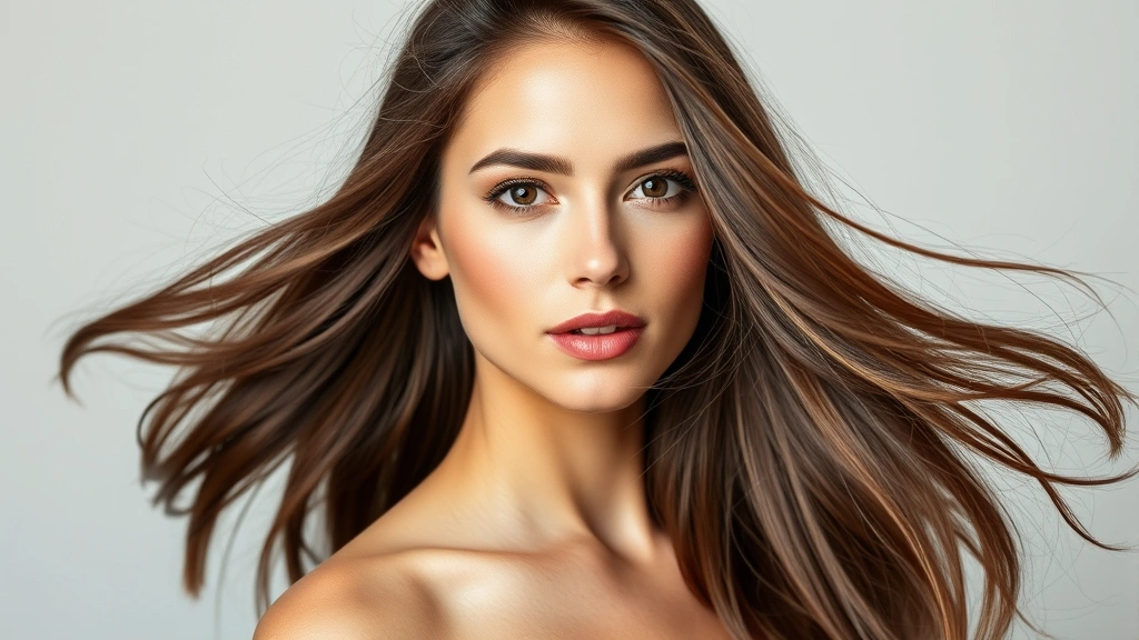 Woman with thick, healthy, shiny hair flowing in natural light, confident expression, minimal makeup, neutral background, professional photography