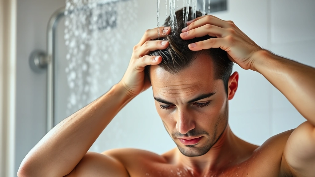 Person massaging scalp with fingertips during shower, water cascading, focused expression showing proper hair care technique, steam rising, bathroom setting with natural light