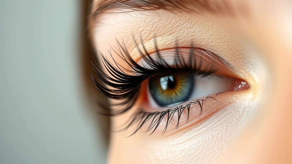 Close-up of a woman's eye with beautifully defined, thick, long natural eyelashes against a neutral background, showing texture and fullness, natural lighting highlighting the lash volume and health