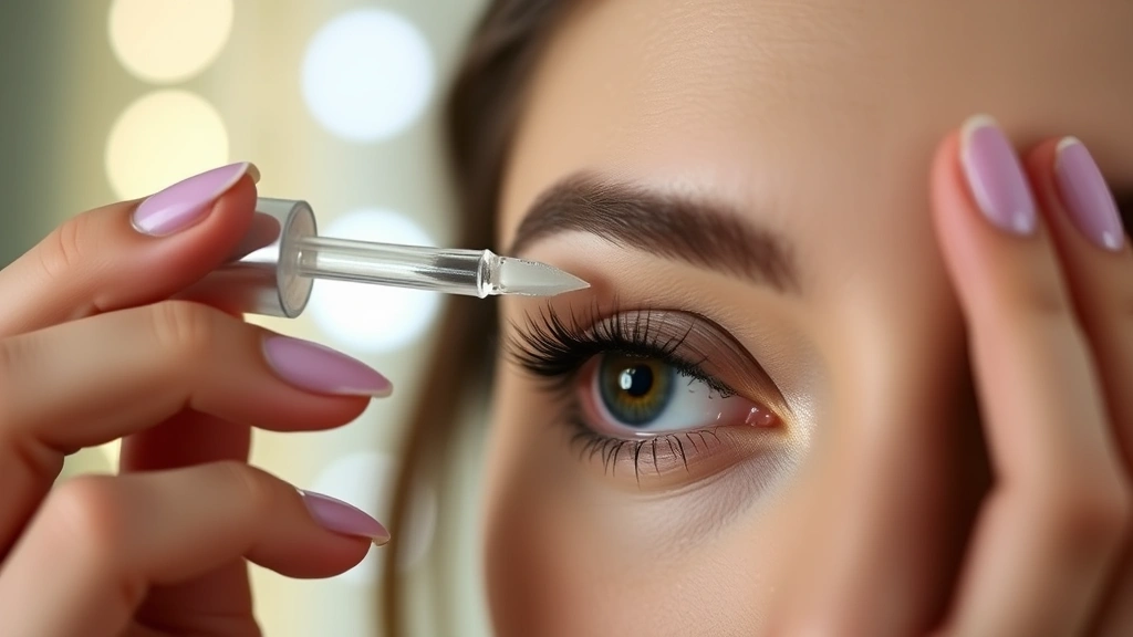 Woman applying clear lash serum with a brush applicator to her upper lash line at night, demonstrating proper application technique with focused, careful precision near the eye area